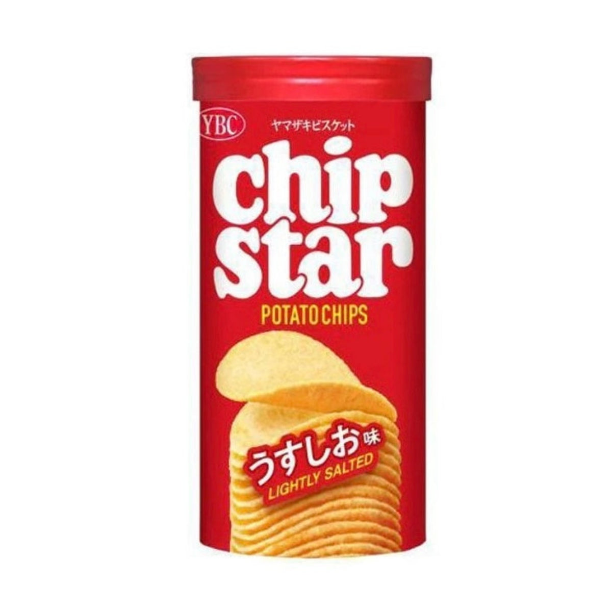 Front of YBC Chip Star Potato Chips Lightly Salted tub showing red design, potato chips logo, and 45g size