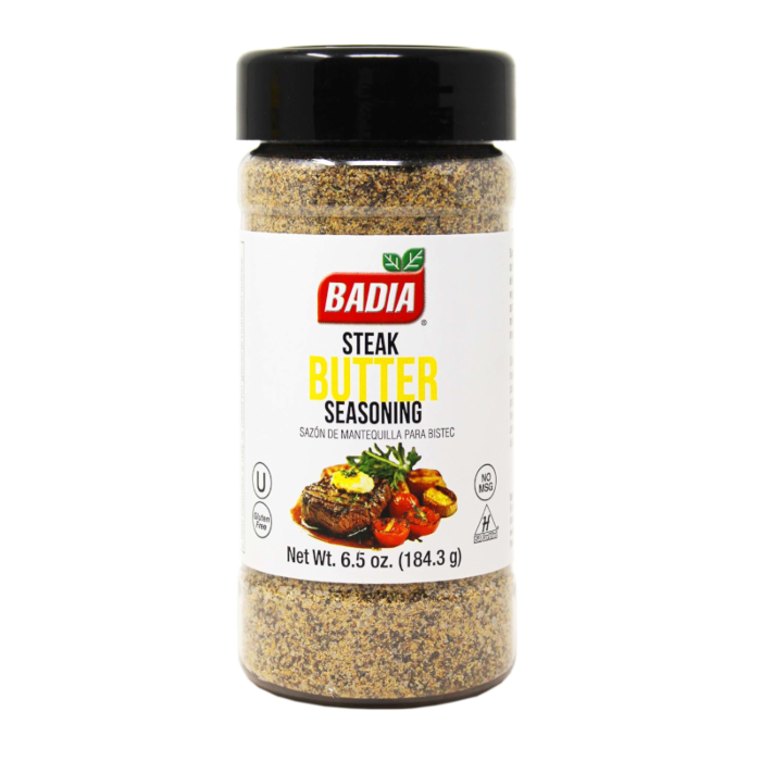 Front of Badia Steak Butter Seasoning jar showing logo, seasoning blend label, and steak dish image (184.3g pack)