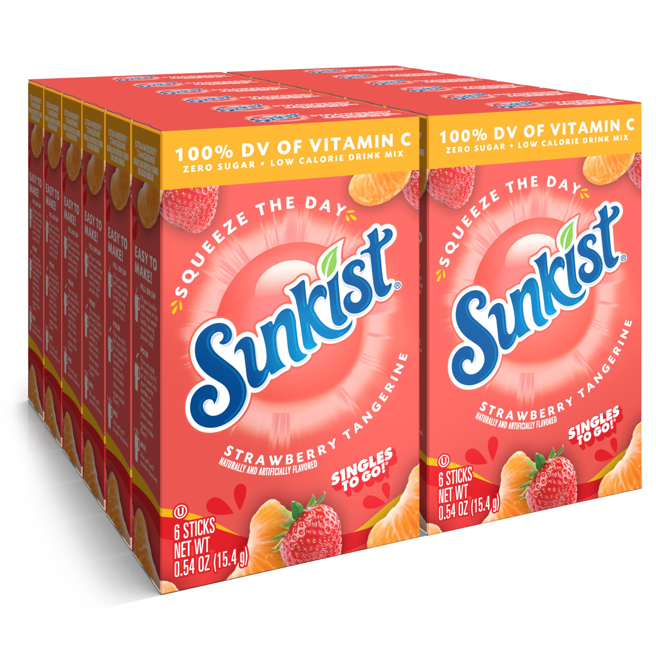 Front of Sunkist Strawberry Tangerine Singles to Go packaging showing the brand logo, strawberry and tangerine graphics, and 12 pack details (6 sticks per box, 0.54 oz each).