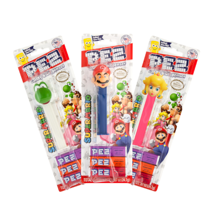 Front of PEZ Nintendo Super Mario Blister Pack showing characters like Mario, Yoshi, and Peach with vibrant colours and fun designs (24 pack)