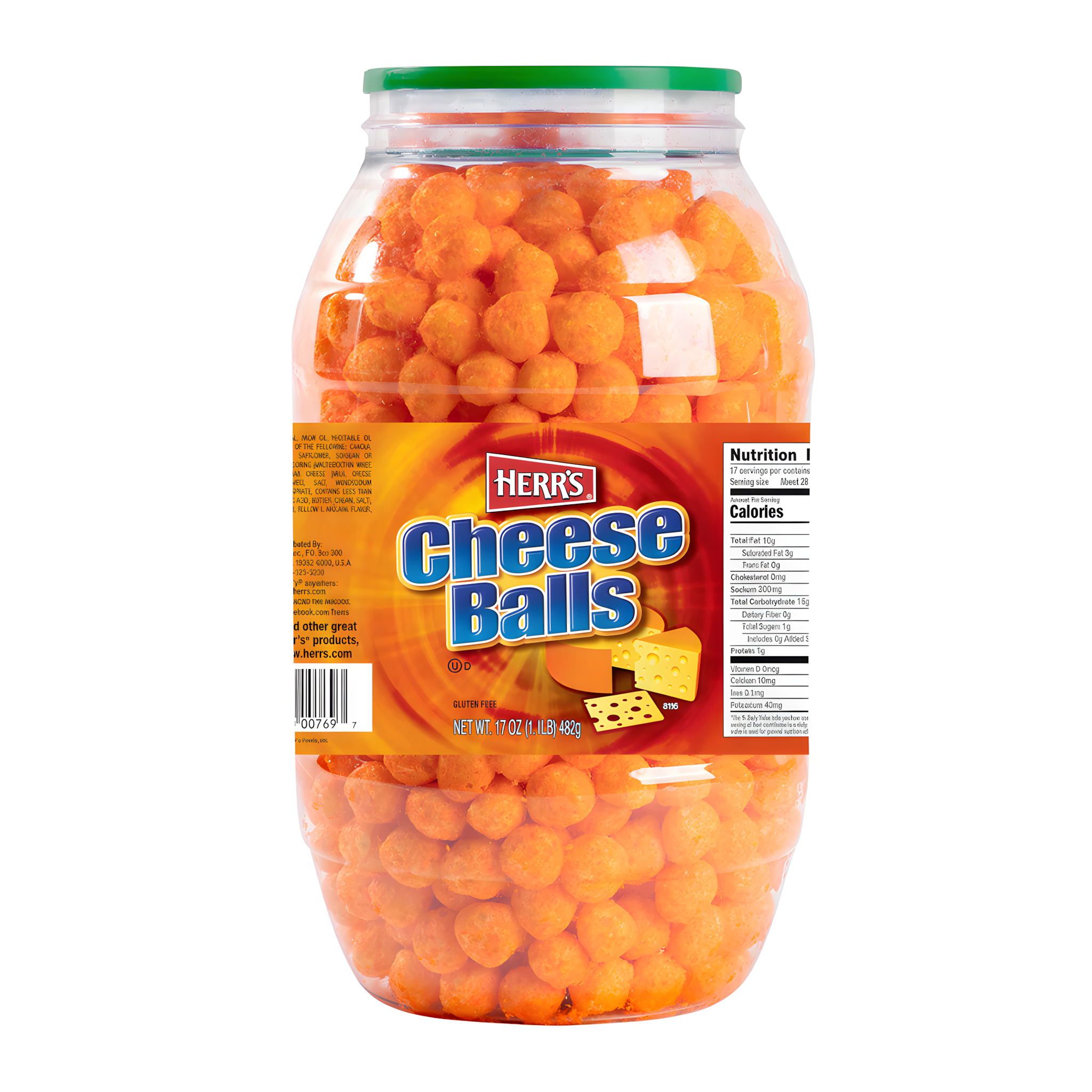 Front of Herr's Cheese Balls Barrel showing large logo, cheese ball snacks, and 17 oz pack size