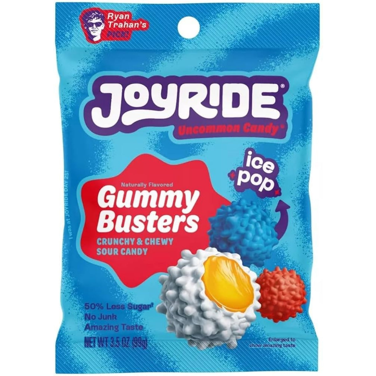 Front of Joyride Gummy Busters bag showing blue and red sour candies, crunchy and chewy candy label, and 99g pack size