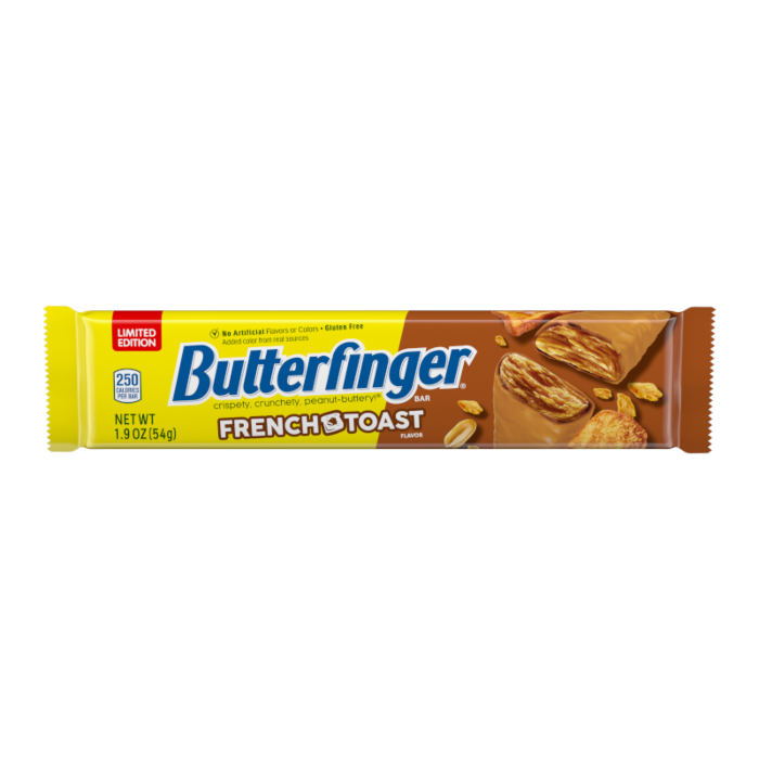 Front of Butterfinger Limited Edition French Toast bar showing logo, French toast flavour, and 54g pack size