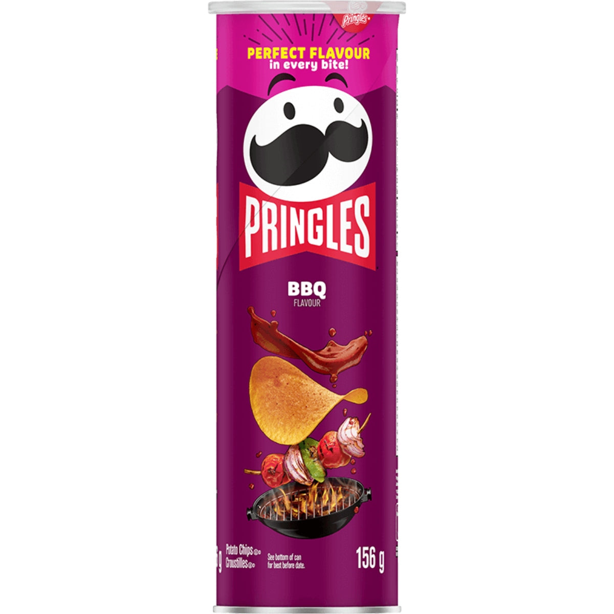 Front of Pringles BBQ USA tube showing the iconic logo, BBQ flavour designation, and vibrant imagery with BBQ elements (156g pack)