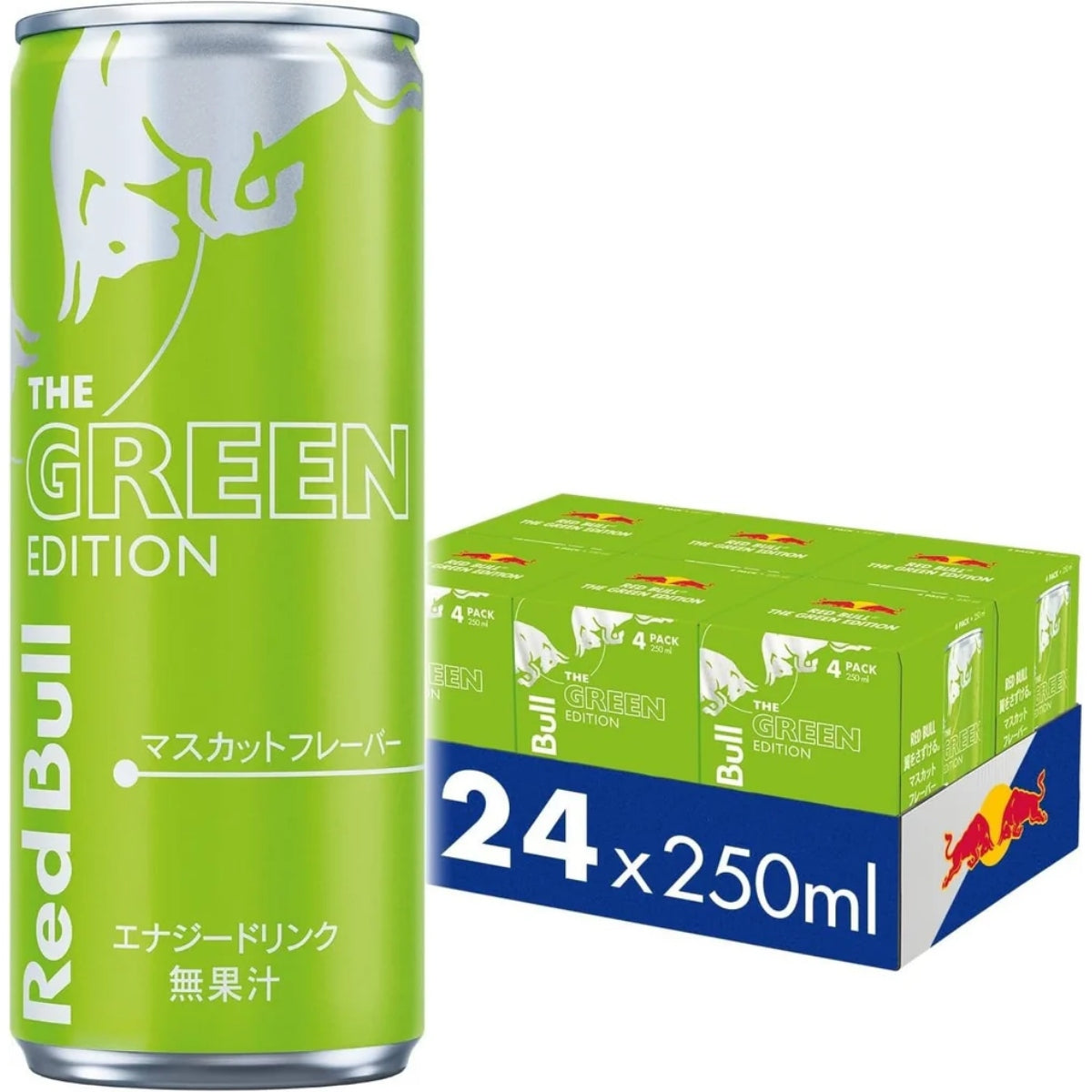 Front of Red Bull The Green Edition Muscat Grape case showing green packaging with logo, flavour name, and pack size (24 x 250ml)