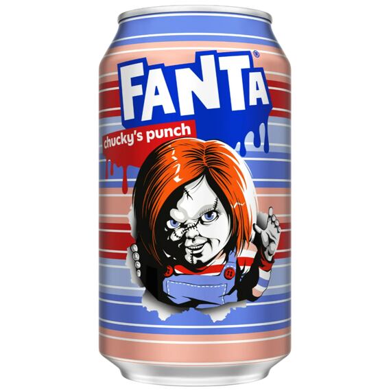 Front of Fanta Fruit Punch Chucky's Punch can featuring colourful design, logo, and Chucky character illustration (355ml pack)
