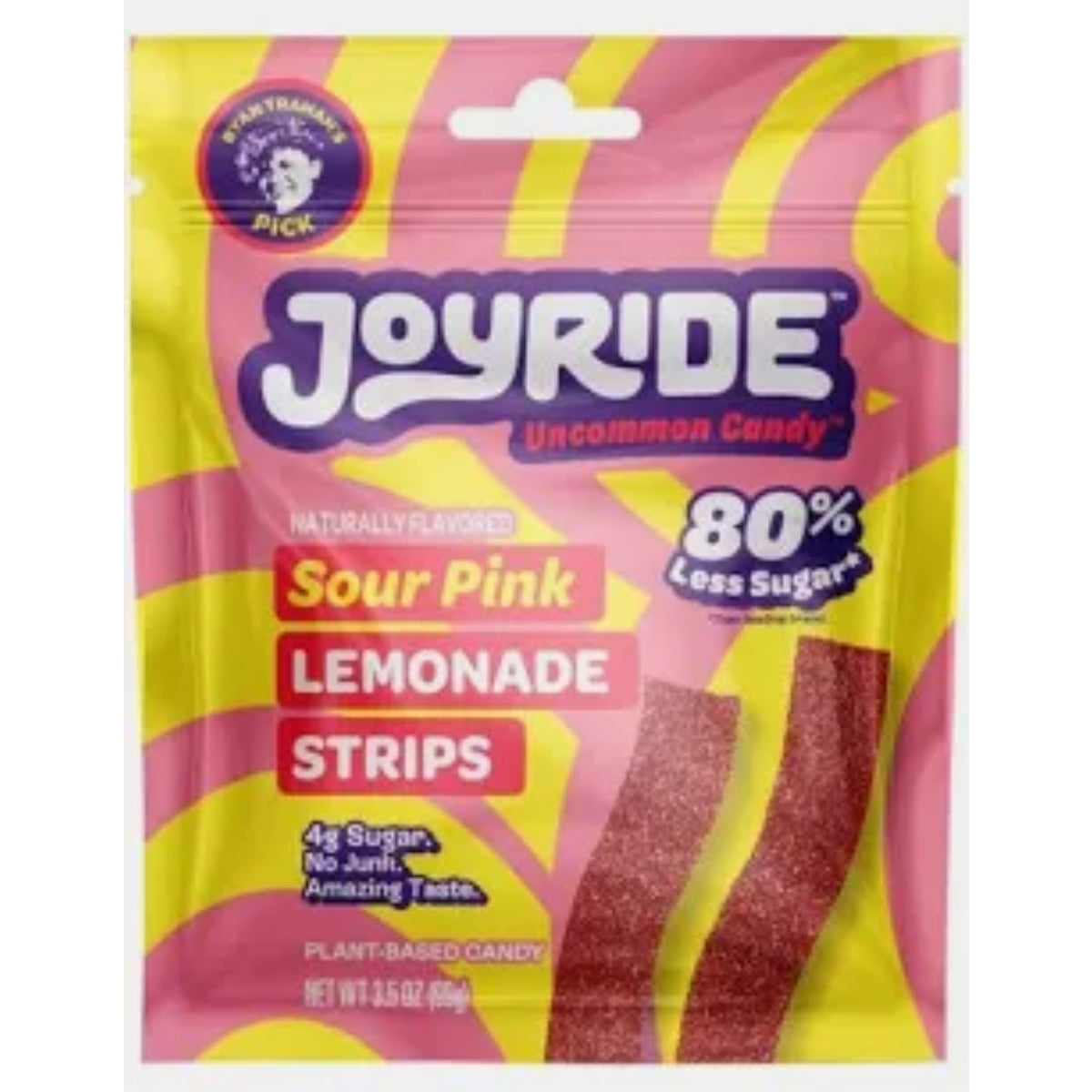Front of Joyride Sour Pink Lemonade Strips package displaying logo, sour pink lemonade flavour, and 99g pack size.