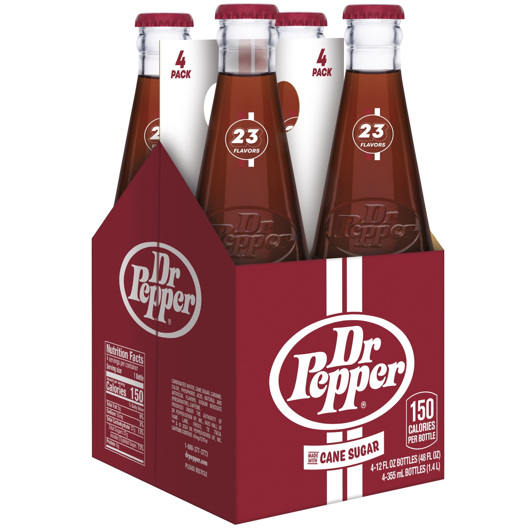 Front of a 4 pack of Dr Pepper Made With Real Sugar (355ml) bottles featuring the logo and details about the 23 flavours.