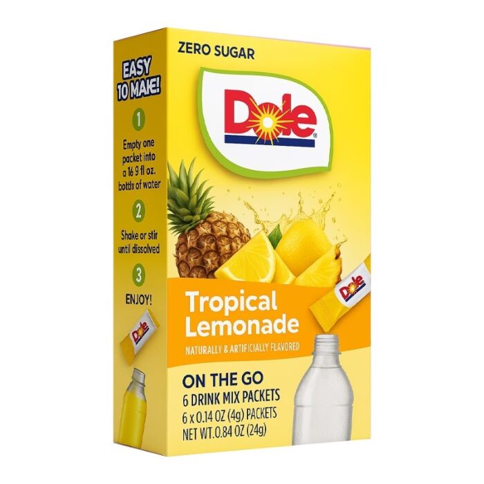 Front of Dole Tropical Lemonade Singles to Go box showing logo, tropical images of pineapple and lemon, and pack size (24g)