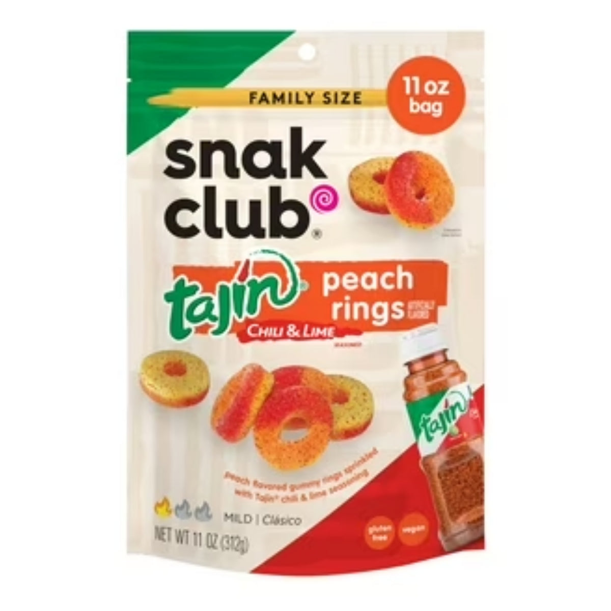 Front of Snack Club Tajin Pineapple Rings bag showing vibrant design, logo, and tropical pineapple image (142g pack)