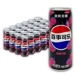 Front of Pepsi Raspberry Zero Sugar Case of 24 (24 x 330ml) featuring vibrant Raspberry flavour design and iconic Pepsi logo.