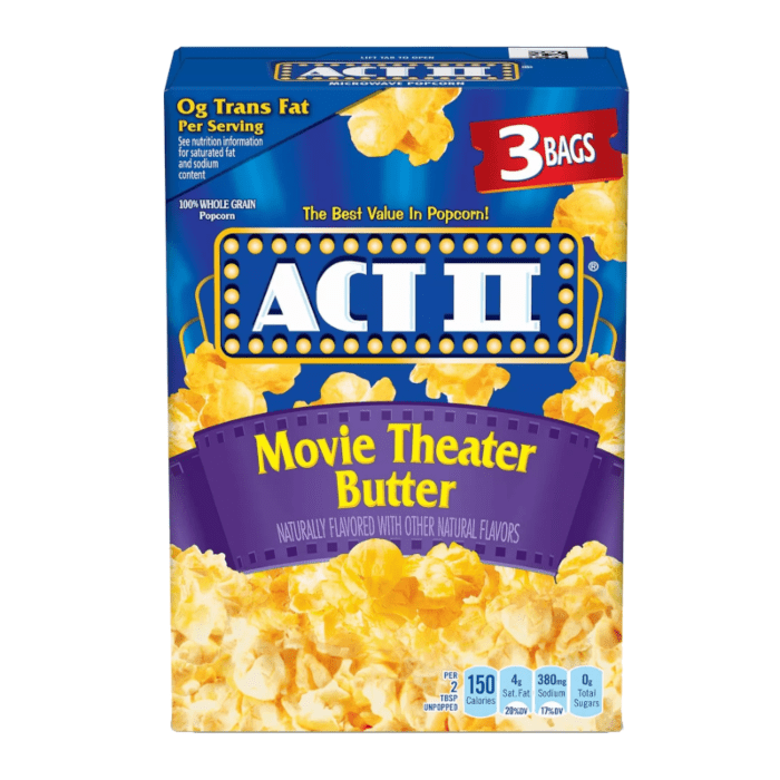 Front of Act II Popcorn Movie Theater Butter 3 Pack showing logo, butter flavour label, and image of popcorn (78g pack)