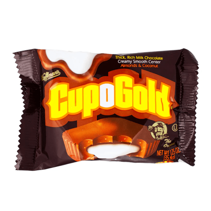 Front of Adams & Brooks Cup-O-Gold Big Cup showing thick rich milk chocolate packaging with a creamy smooth centre, featuring almonds and coconut (35g)