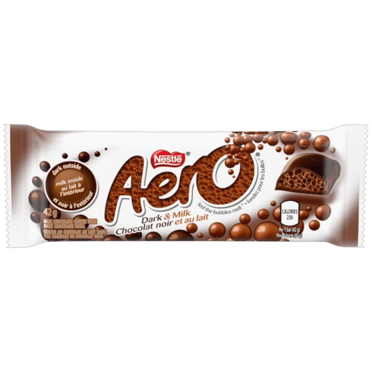 Front of Aero Dark & Milk Chocolate bar showing the Aero logo and the dark and milk chocolate design (42g pack)