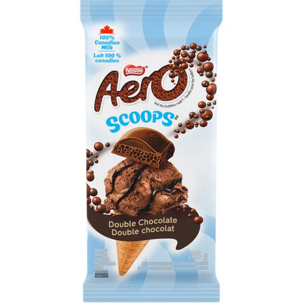 Front of Aero Scoops Double Chocolate pack showing rich chocolate ice cream in a cone with logo and 105g label.