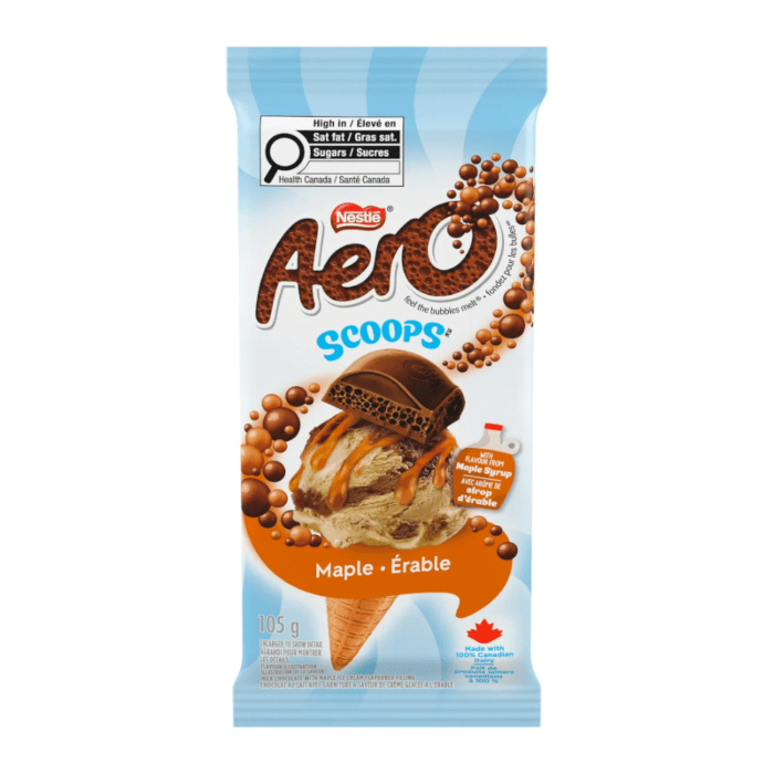 Front of Aero Scoops Maple Bar packaging showcasing Aero logo, maple flavour label, and image of chocolate-coated ice cream (105g pack)