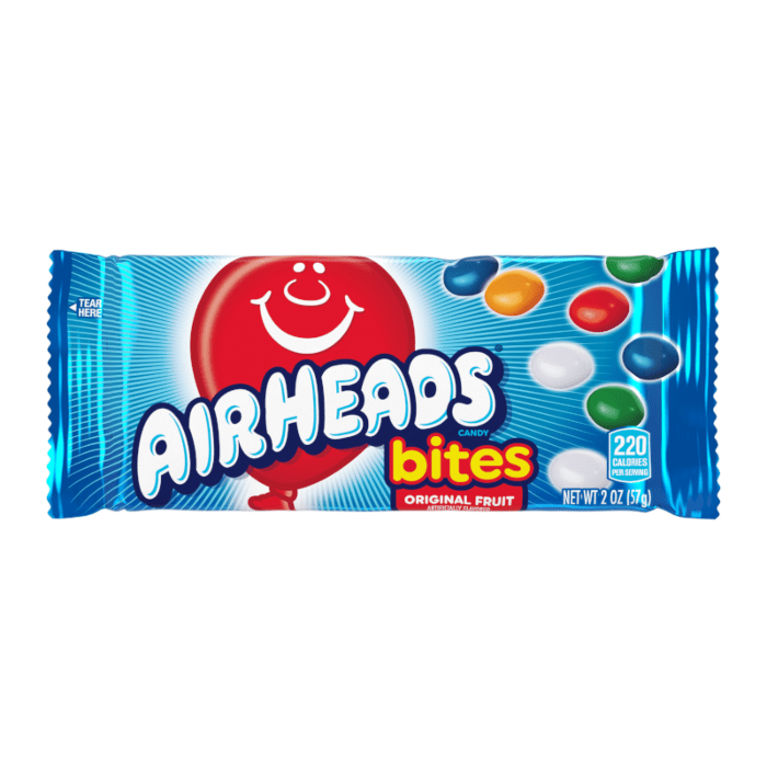 Front of Airheads Bites Original Fruit bag showing the logo, colourful candies, and 57g pack size