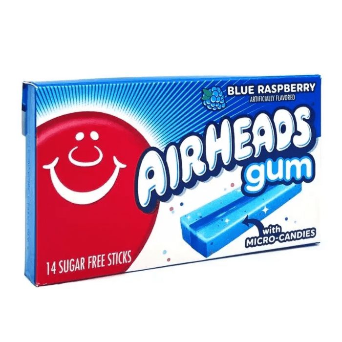 Front of Airheads Gum Blue Raspberry package showing the bright blue and red design with the product title and visual of the gum sticks (34g pack)
