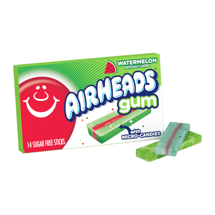 Front of Airheads Gum Watermelon pack showing vibrant graphics, watermelon illustration, and 34g pack size