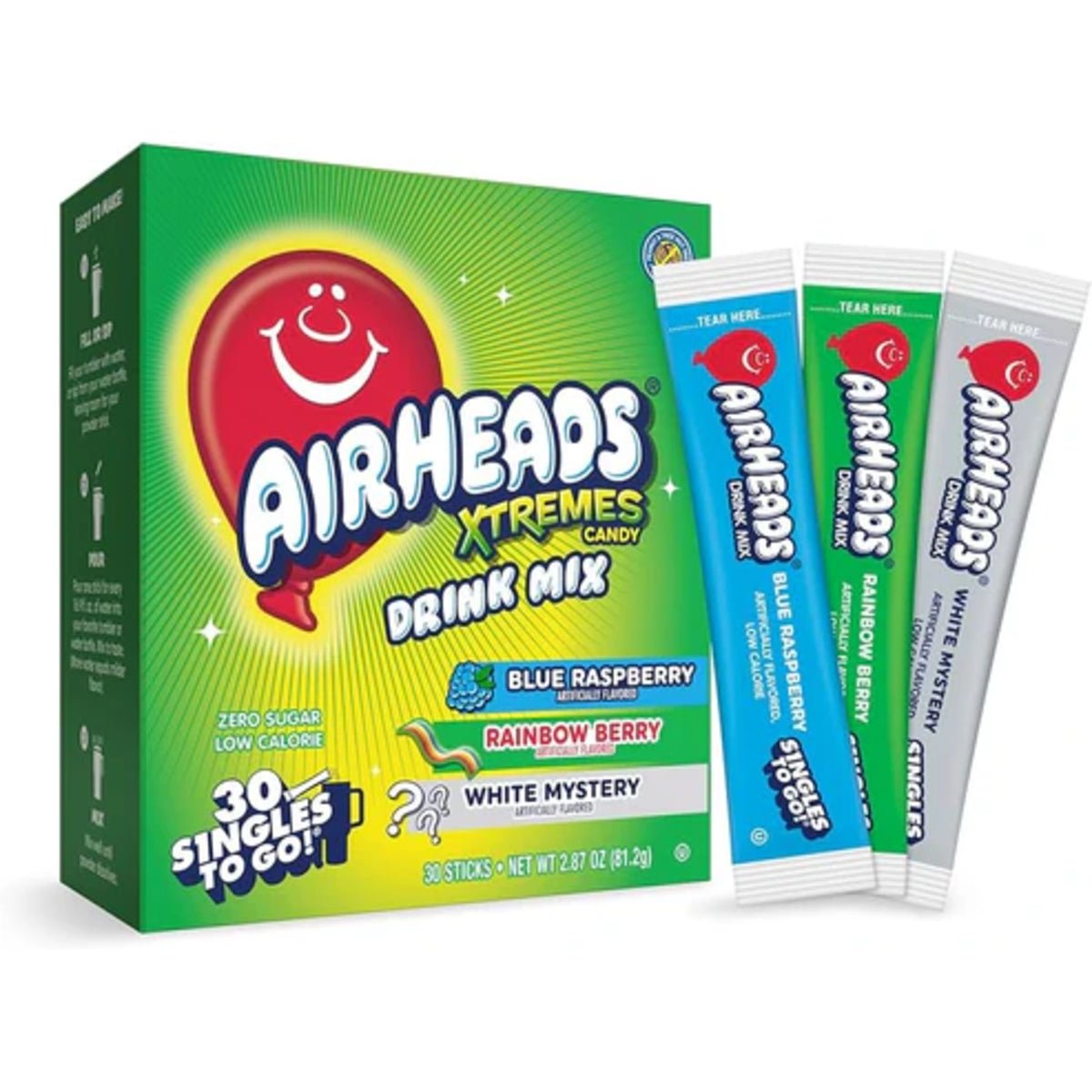 Front of Airheads Xtreme Singles to Go Variety Pack showing colourful logo, drink mix flavours including blue raspberry, rainbow berry, and white mystery (81 2g)