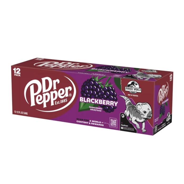 Front of a Dr Pepper Blackberry case featuring the logo, Jurassic World design, with 12 cans of 355ml each.