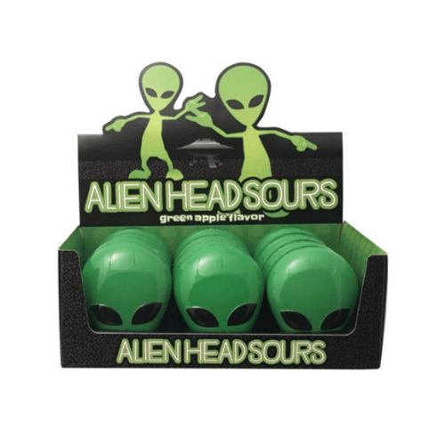 Front of Alien Head Sours Green Apple Candy Tin showing green apple flavour and quirky alien design (28g tin)