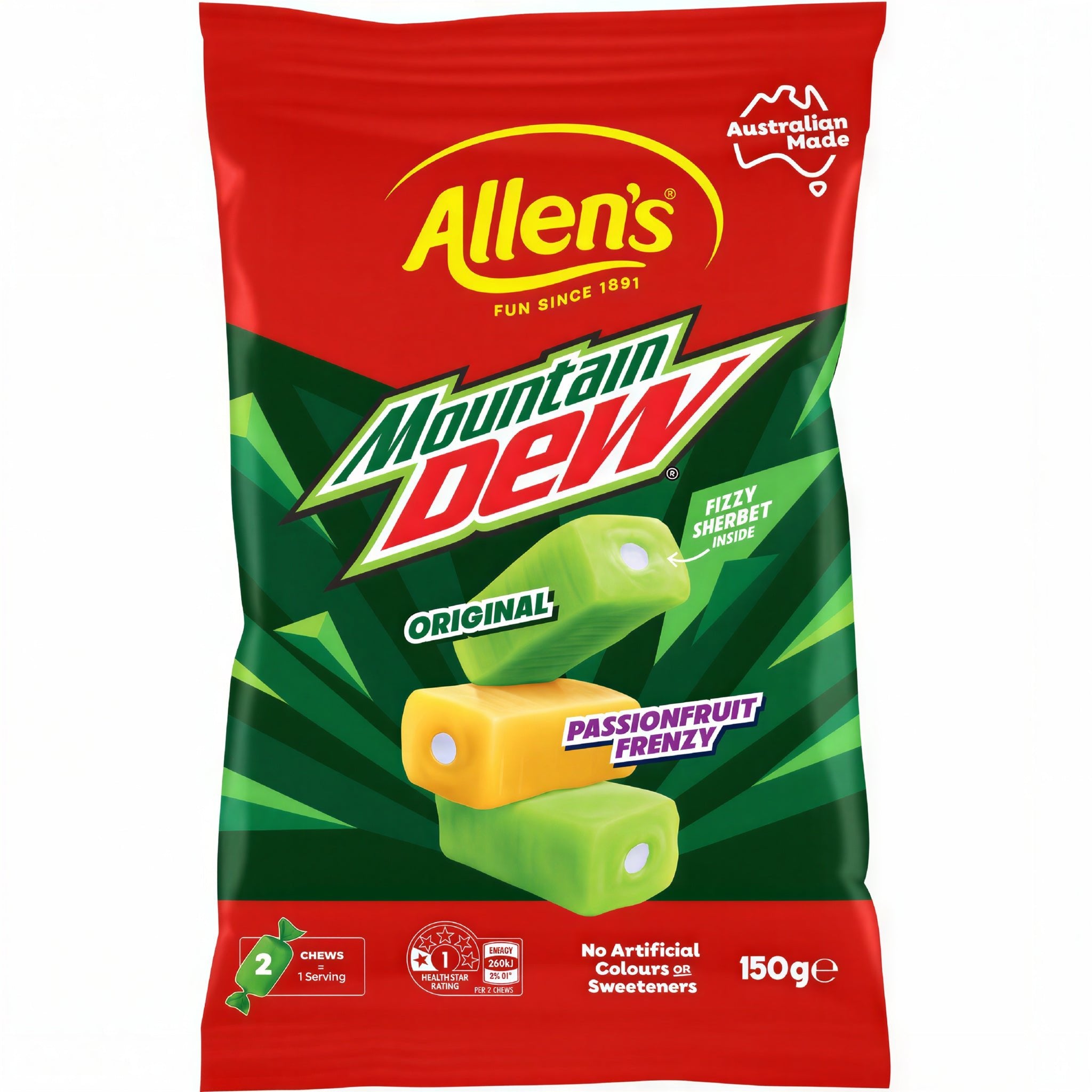 Front of Allen's Mountain Dew Fizzy Sherbet Fruit Chews bag showing the logo, vibrant packaging, and images of fruit chews with the pack size (150g)