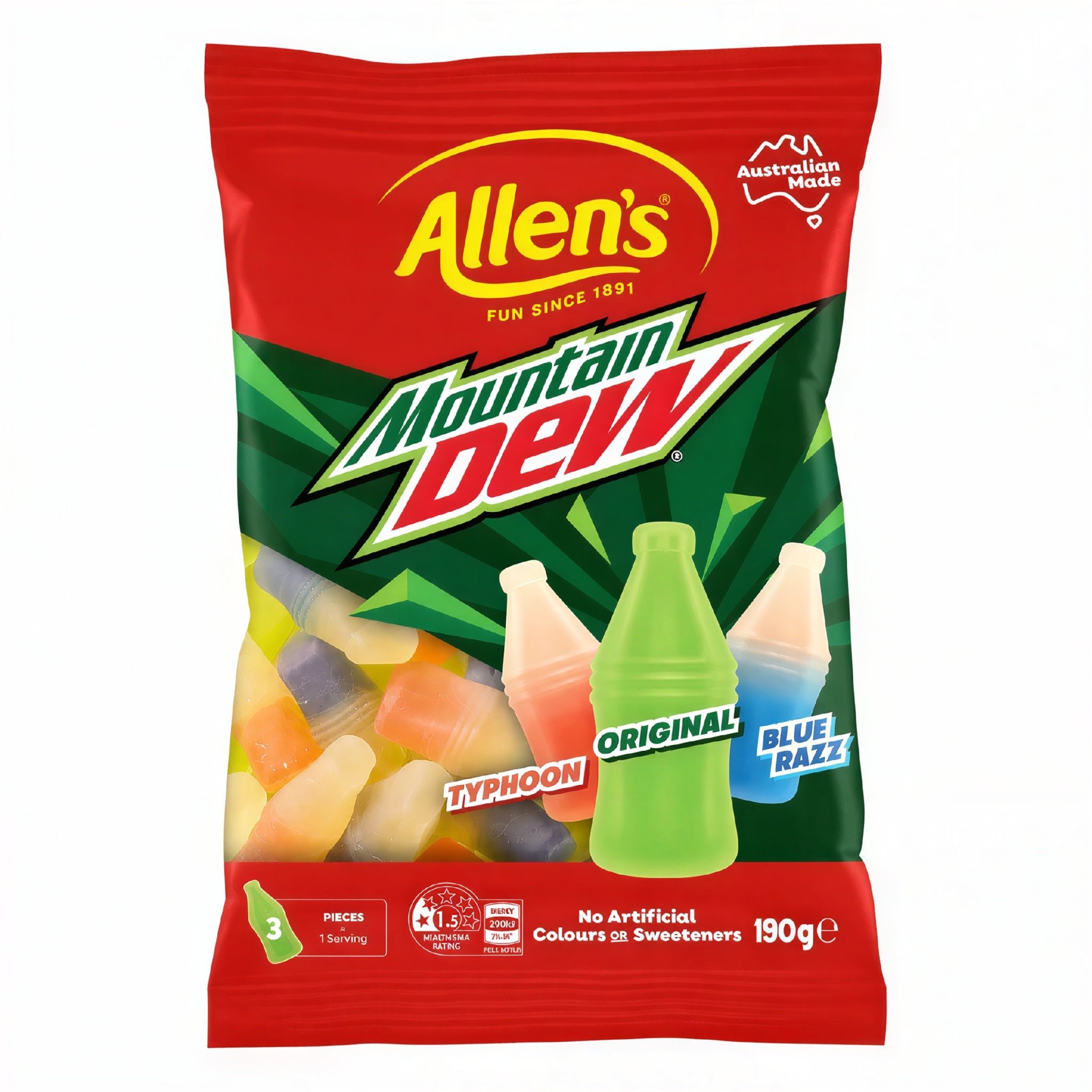Front of Allen's Mountain Dew Fruit Jelly Bottles bag showing the logo, jelly bottle shapes, and 190g size with vibrant colours.