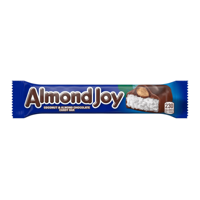 Front of Almond Joy Bar showing blue logo, coconut and almond chocolate candy bar, and 46g pack size