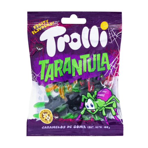 Front of a purple bag of Trolli Tarantula showing the logo, colourful gummy tarantulas, and the 100g pack size.