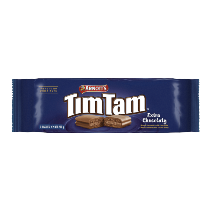 Front of Arnotts Tim Tam Extra Chocolaty Biscuits pack showing the logo, chocolate-coated biscuits, and details of 175g quantity
