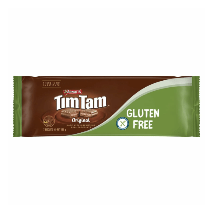 Front of Arnotts Tim Tam Gluten Free Biscuits pack showing the logo, chocolate layers, and gluten-free label (150g pack)