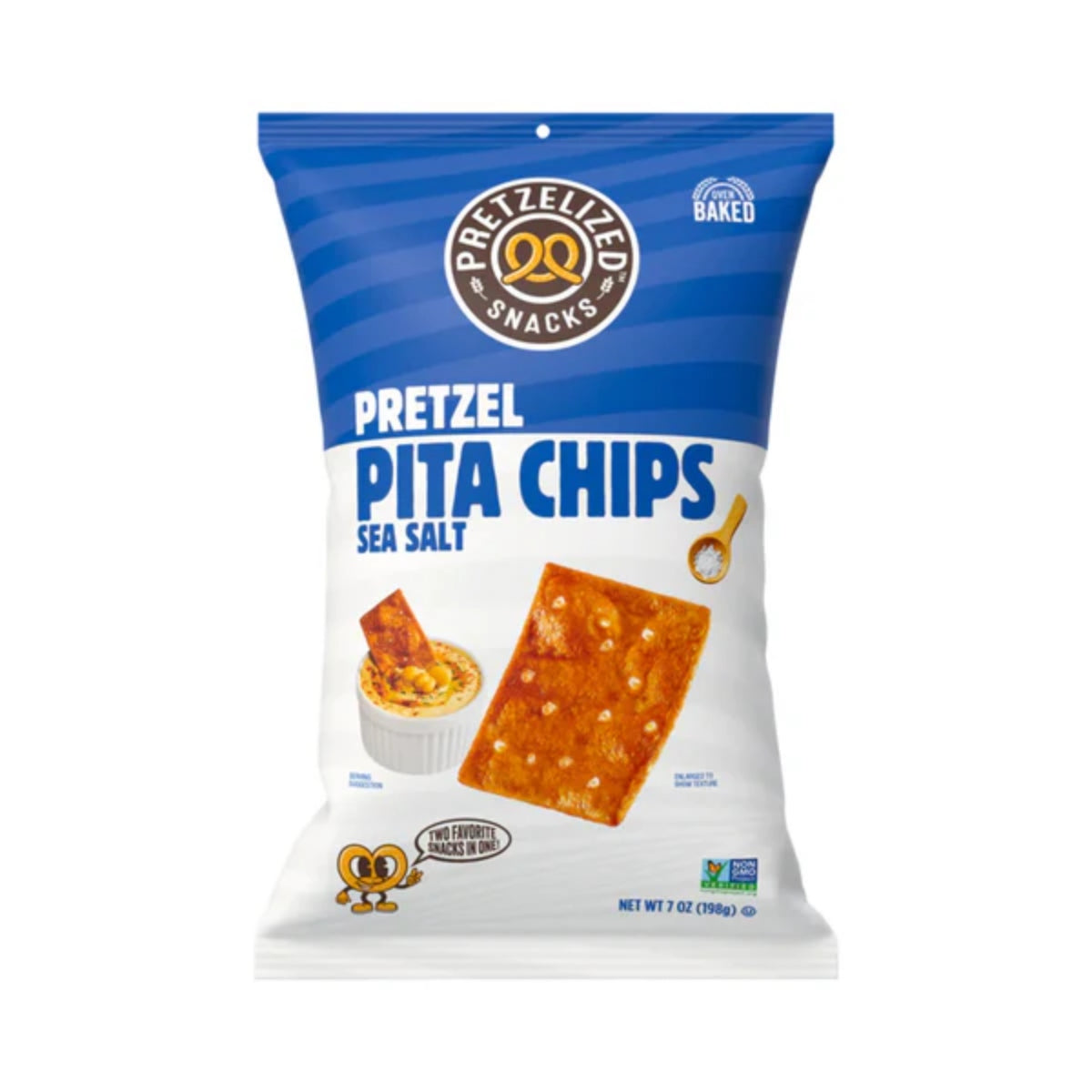 Front of Pretzel Pita Chips Sea Salt bag showcasing the logo, sea salt flavour, and 198g pack size