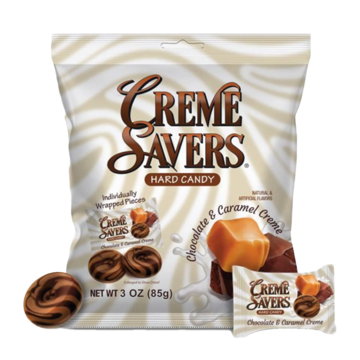 Front of Creme Savers Hard Candy Chocolate & Caramel Creme bag showing logo and individually wrapped pieces (85g pack)