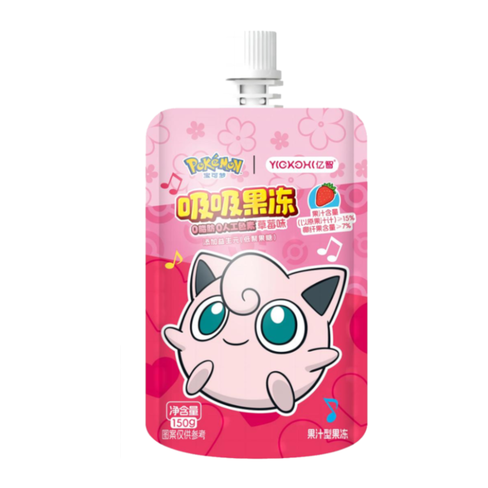 Front of Pokemon Jelly Squeeze Candy Strawberry pouch featuring a cute character graphic, vibrant pink packaging, and strawberry flavour label (150g)