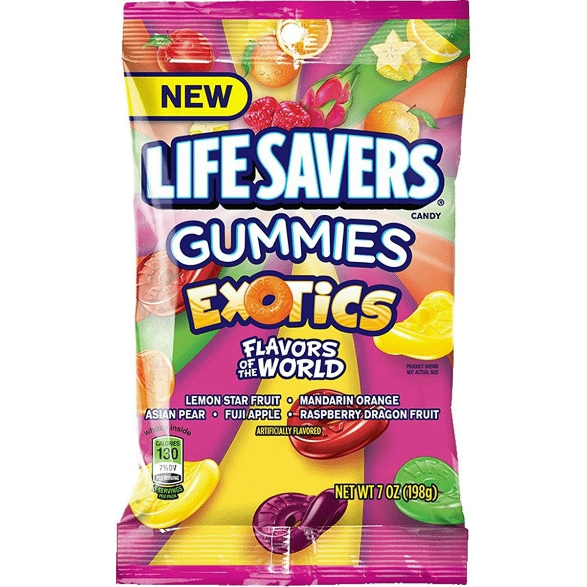 Front of a colourful bag of Life Savers Gummies Exotics featuring assorted fruit flavours and pack size of 198g