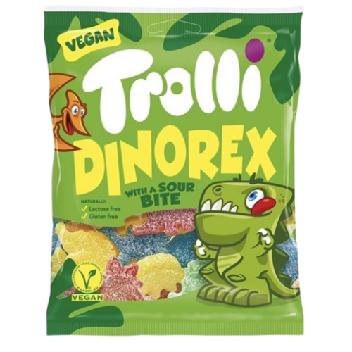 Front of a green bag of Trolli Dinorex showing the logo, playful dinosaur graphics, and a "Vegan" label (100g pack)