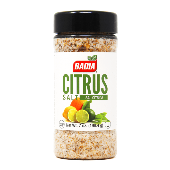 Front of Badia Citrus Salt container showing brand logo, citrus salt label, and vibrant image of citrus fruits (198.4g pack)