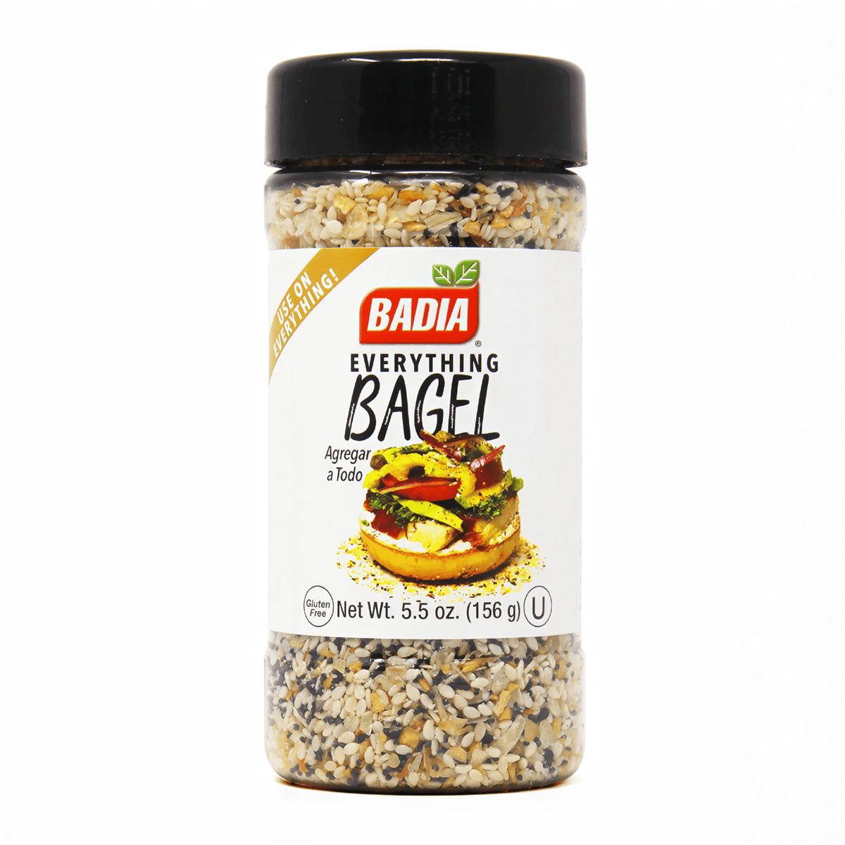 Front of Badia Everything Bagel Seasoning jar showing the brand logo, product name, and 156g pack size with a visual of bagel toppings.