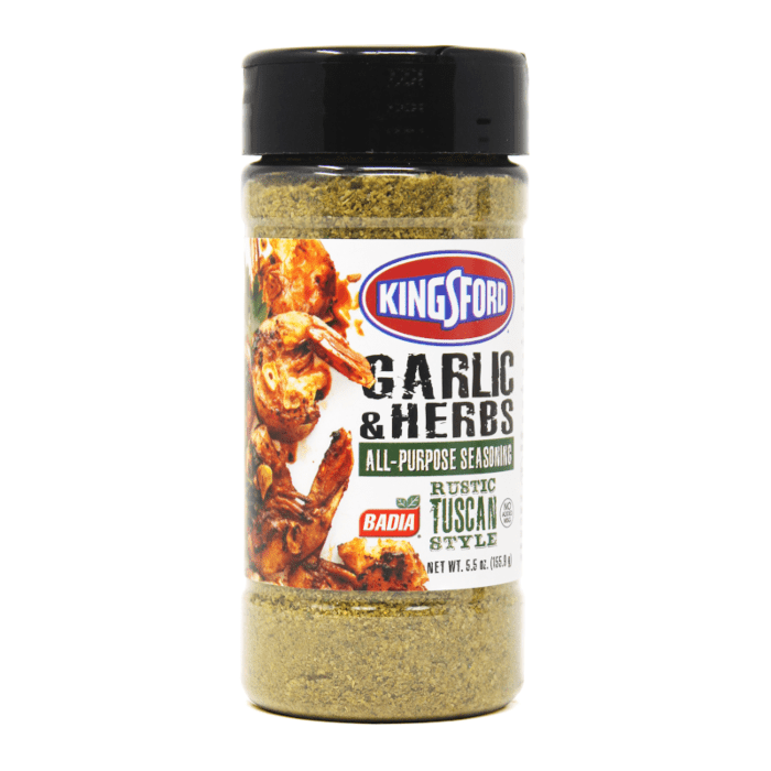 Front of Badia Kingsford Garlic & Herbs All-Purpose Seasoning jar featuring logo, seasoning details, and pack size (155.9g)