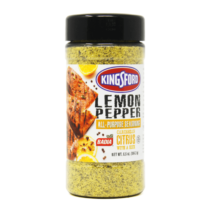 Front of Badia Kingsford Lemon Pepper All-Purpose Seasoning jar showing vibrant label with lemon and pepper graphics, and pack size of 184.3g