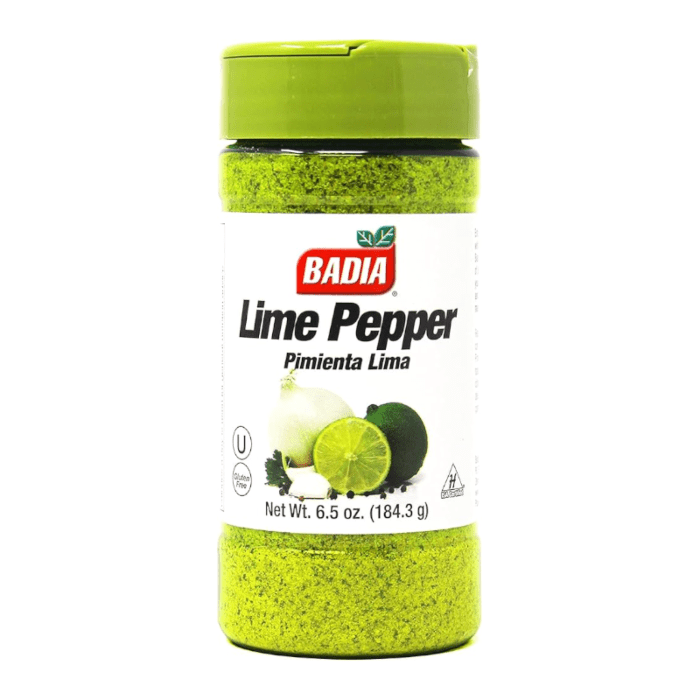 Front of Badia Lime Pepper Seasoning container featuring bold logo, lime and pepper imagery, and 184.3g pack size.