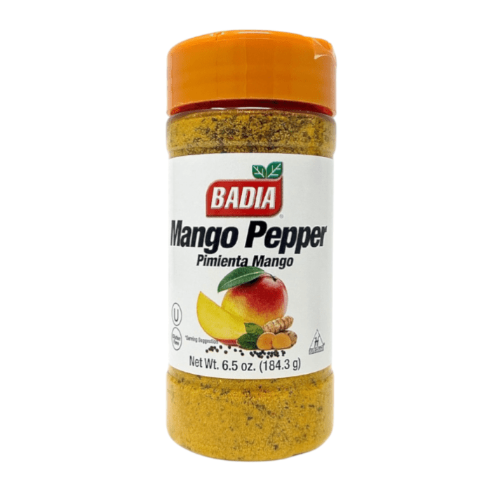 Front of Badia Mango Pepper Seasoning jar showing brand logo, mango design, and label details (184.3g pack)