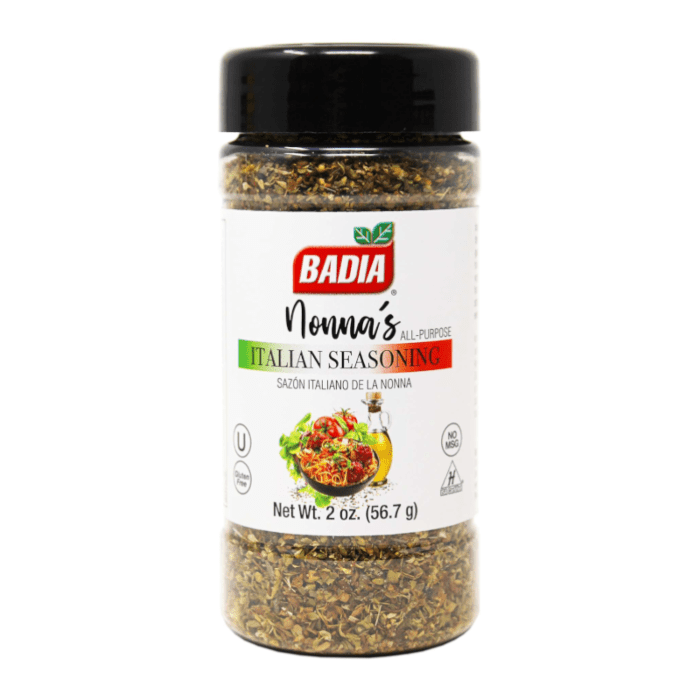 Front of Badia Nonna's Italian Seasoning jar displaying brand, product name, all-purpose label, and visual of a dish, 56.7g pack