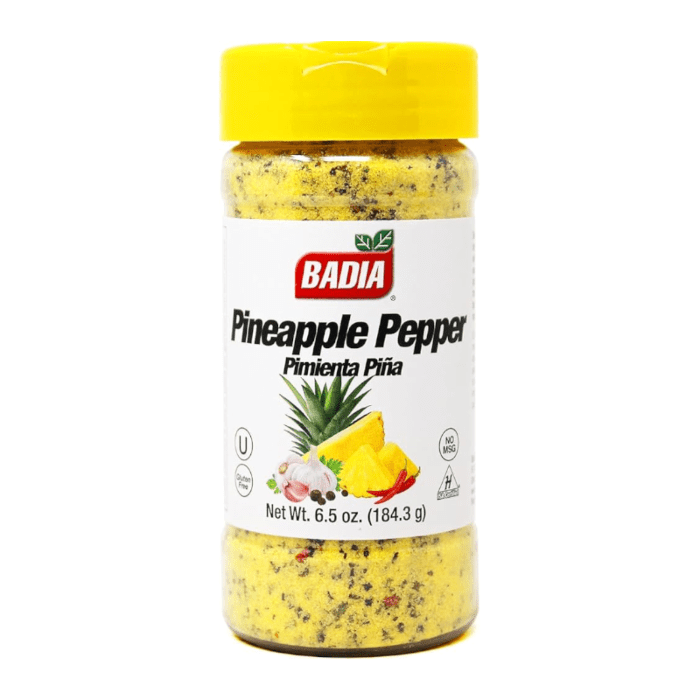Front of Badia Pineapple Pepper jar showing the brand logo, pineapple pepper label, and pack size (184.3g)
