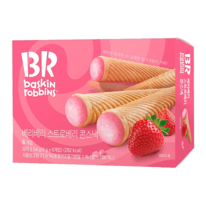 Front of Baskin Robbins Berry Berry Strawberry Cones box showing logo, strawberry cones, and pack size (54g)