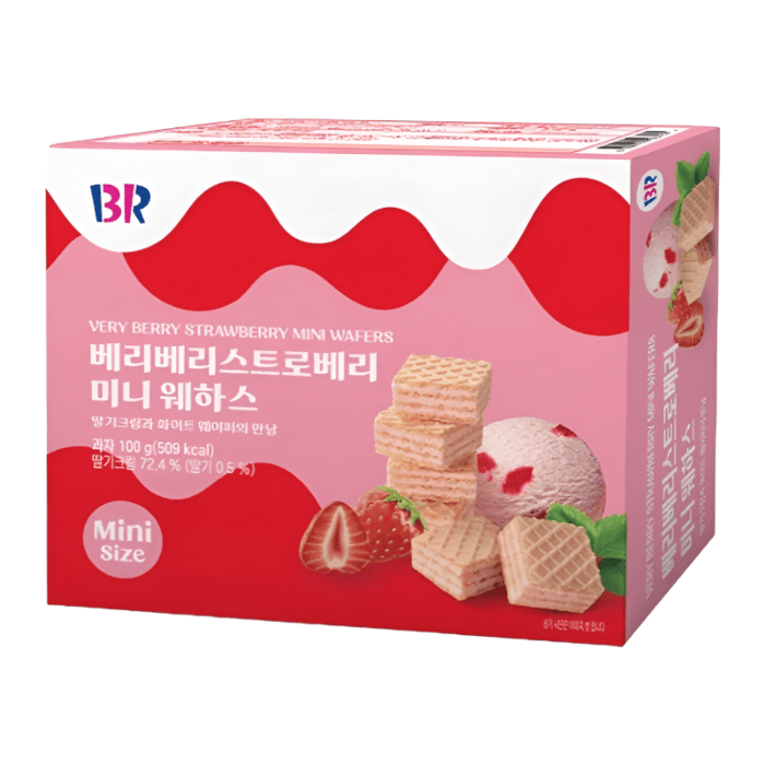 Front of Baskin Robbins Berry Berry Strawberry Mini Wafer box featuring logo, strawberry flavour label, and images of wafers and strawberries (100g pack)