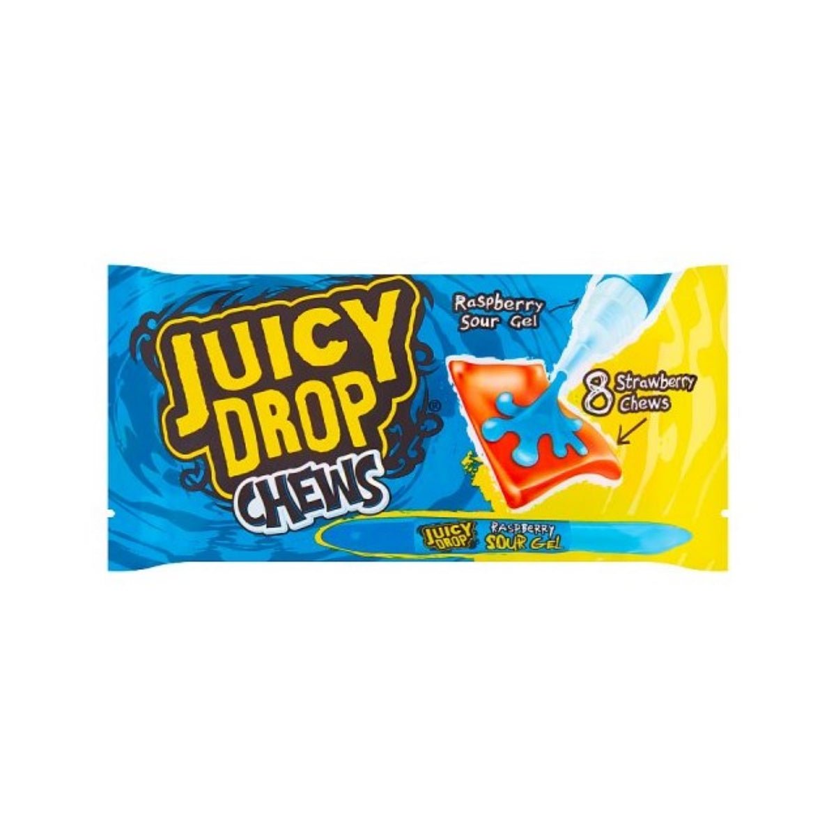Front of Bazooka Juicy Drop Chews Blue Raspberry bag featuring bold yellow and blue design, showcasing blue raspberry flavour and 67g pack size.