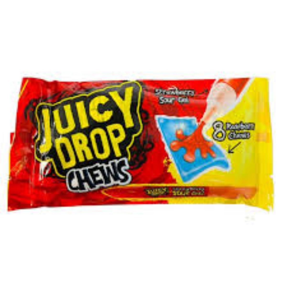 Front of Bazooka Juicy Drop Chews Strawberry pack featuring bright red design, logo, and illustration of strawberry flavour (67g pack)