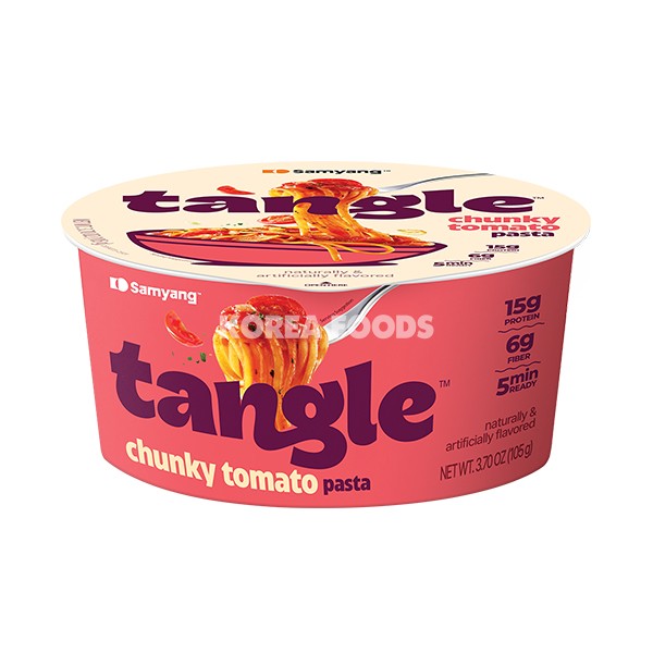 Front of Samyang Tangle Chunky Tomato Pasta cup showing logo and image of pasta with tomato sauce (105g)
